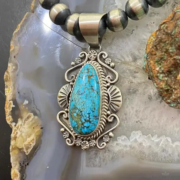 Mary Ann Spencer Sterling Silver Elongated Kingman Turquoise Decorated Pendant - Picture 3 of 10